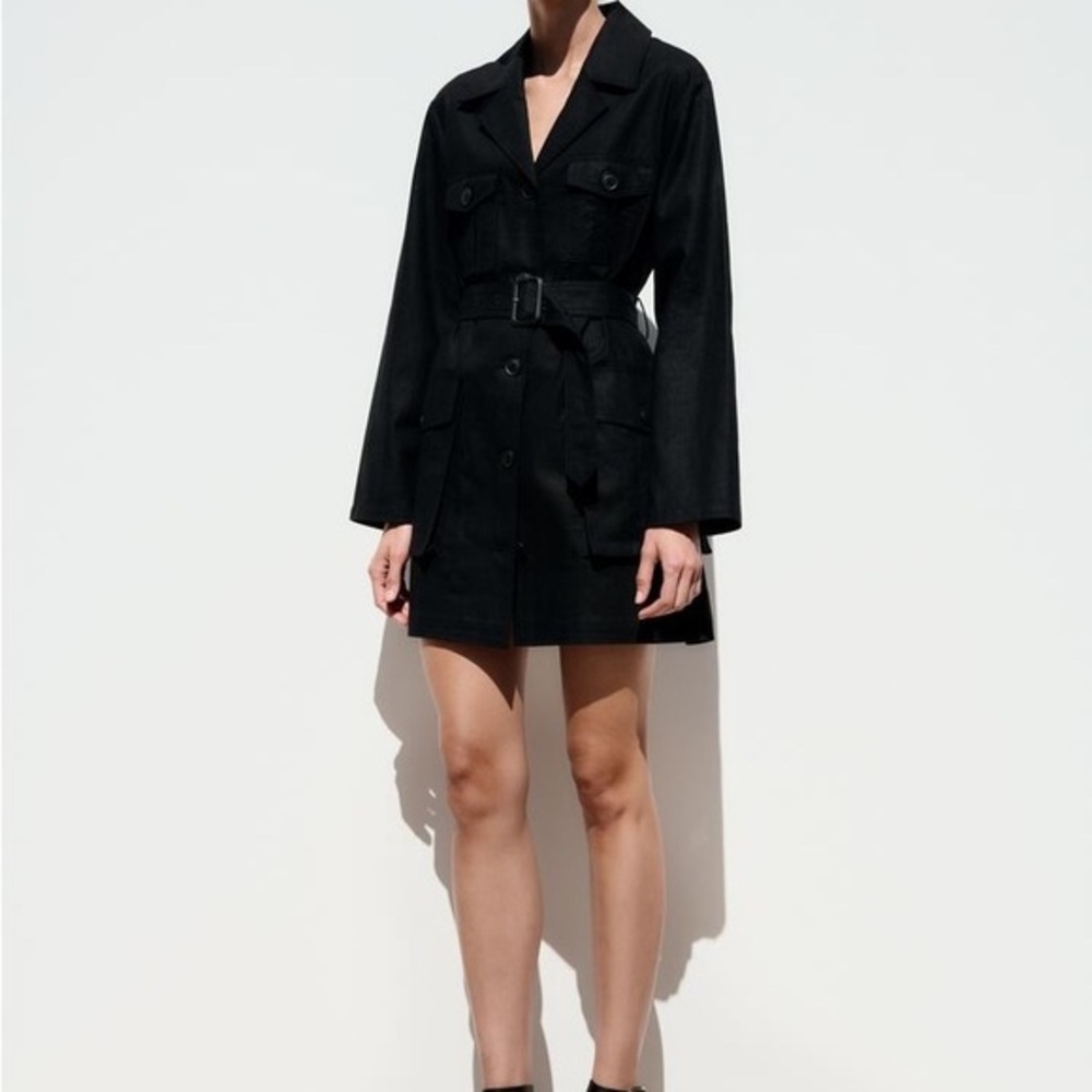 NWT ZARA Dress M women linen blend black button down